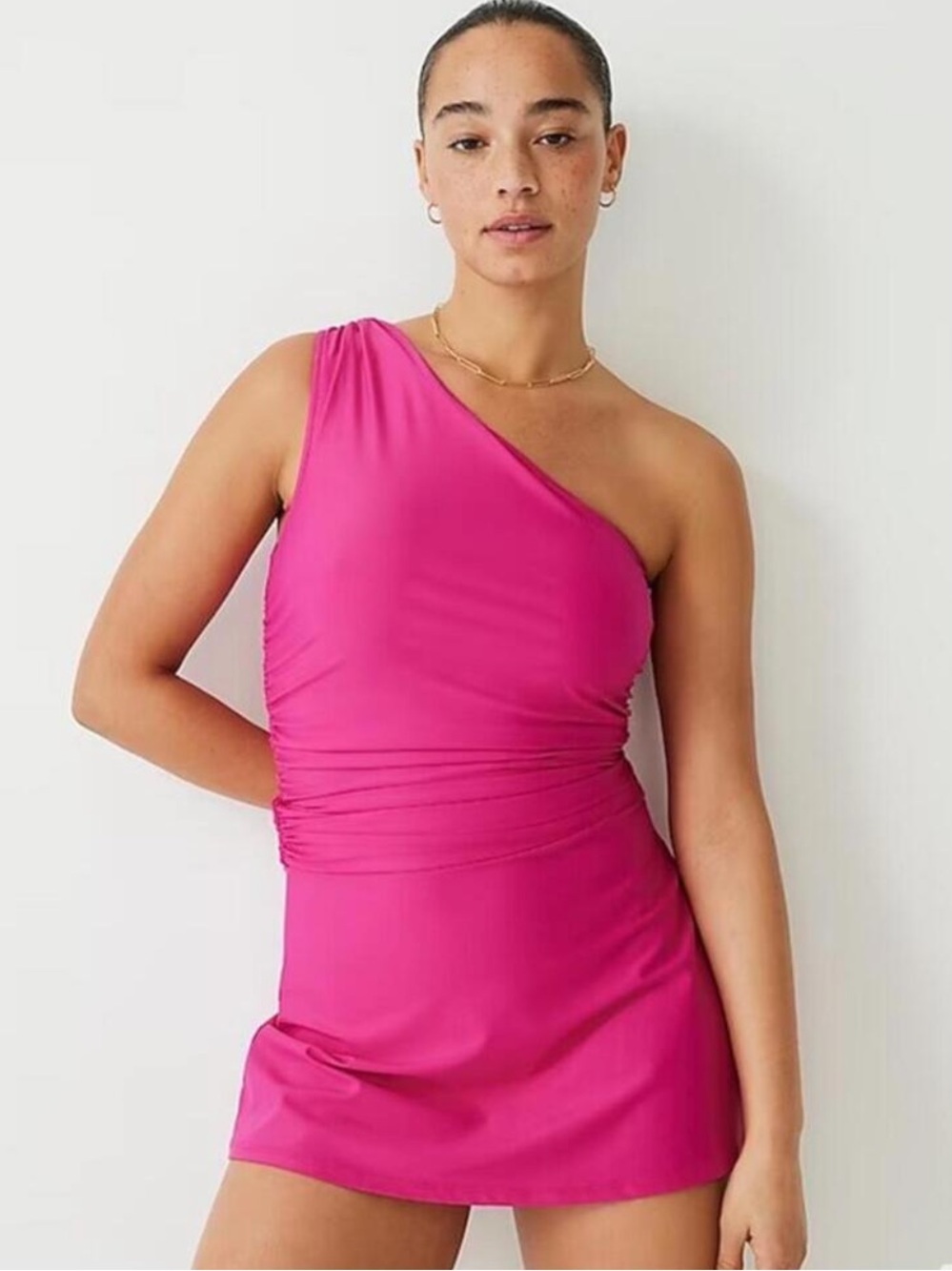 🆕 J. Crew Pink Swimsuit Swim Dress Skirt Asymmetrical Ruched One Shoulder NWT 20